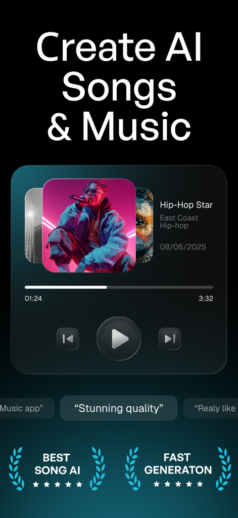 Producer AI Song & Music Maker - Producer AI app interface displaying a music player for a generated Hip Hop track with text Create AI Songs and Music