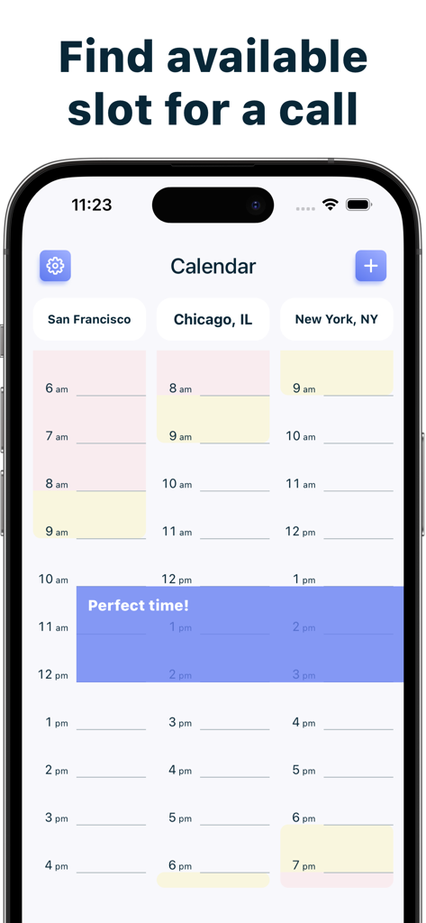 Calendar interface of The Time Zone Converter app highlighting a shared available slot for a conference call across different cities