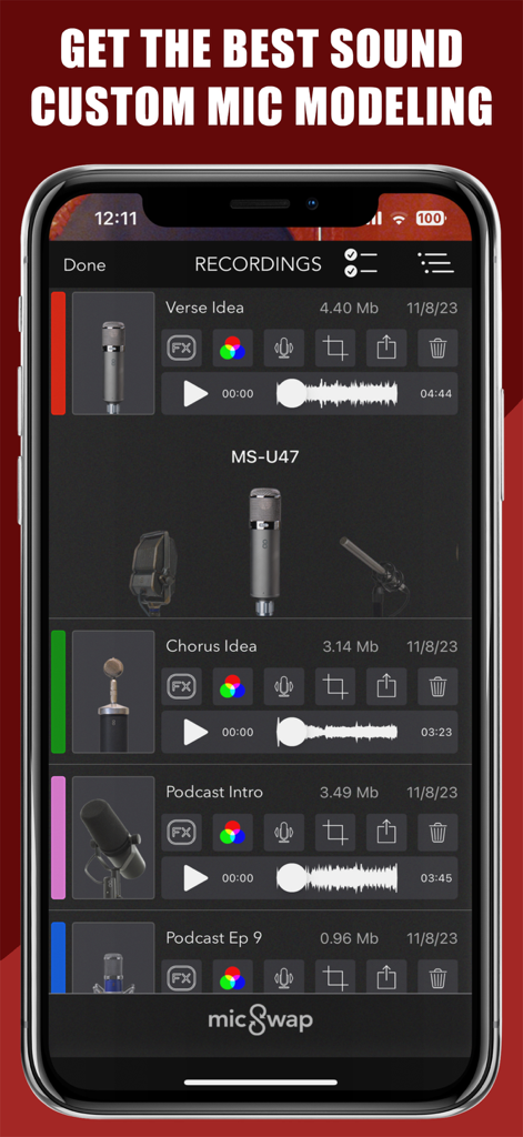 MicSwap: Microphone Recording - Interfaz de la aplicación MicSwap que muestra archivos de audio grabados con opciones para modelado de micrófonos personalizado.