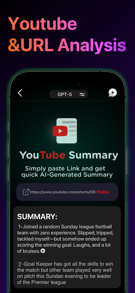 Interfaz que muestra la función de resumen y análisis de URL de YouTube de la aplicación AI ChatBot.