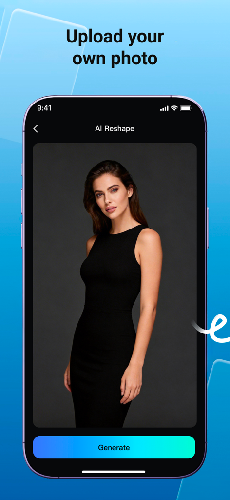 VidMax-AI Reshape,Photo,Video - VidMax app screen for AI Reshape feature with an uploaded photo of a woman and a generate button