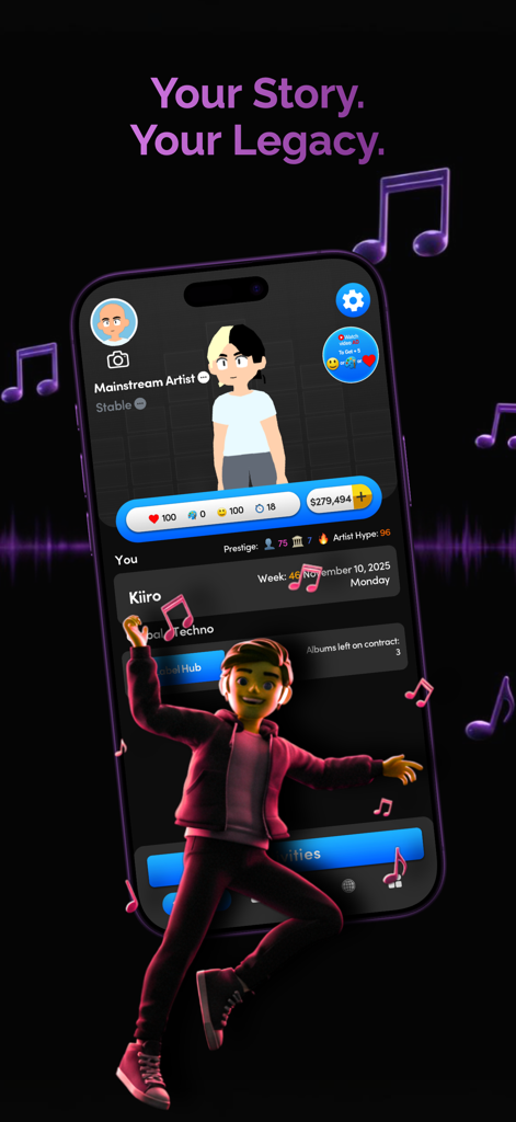 Interfaccia dell'app mobile Music Wars Rockstar Rap Life che mostra un personaggio artista 3D e il dashboard dei progressi di carriera