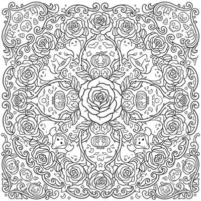 Unleash your creativity with this unique Halloween Rose Mandala coloring page, blending elegant floral patterns with playful spooky elements. It's the perfect activity for adults and teens looking for a festive and intricate art challenge.