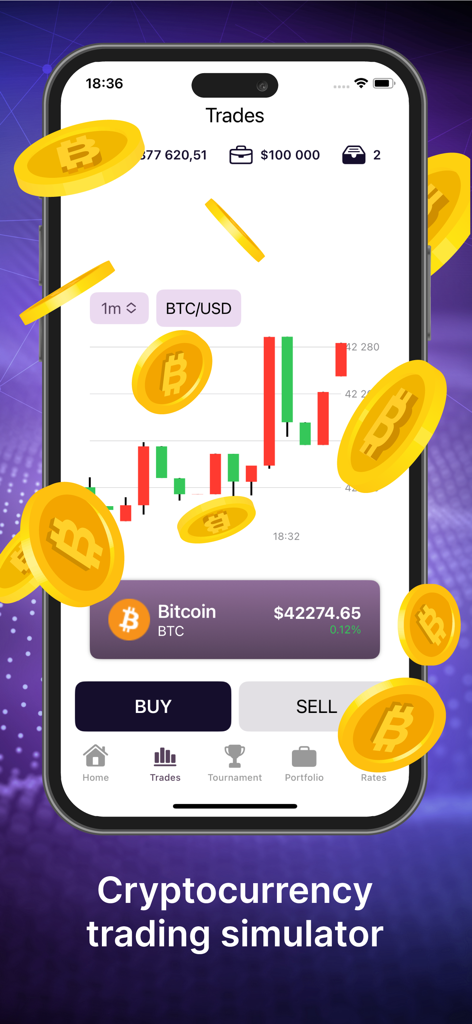 Crypto Capital - Pantalla de teléfono móvil mostrando el simulador de trading Crypto Capital con gráficos de trading de Bitcoin y botones de compra/venta.