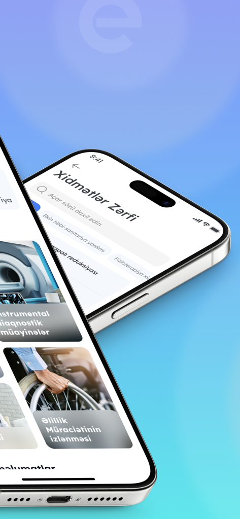 e-Tabib - Dos teléfonos inteligentes que muestran la interfaz de la aplicación de salud e-Tabib para servicios médicos.