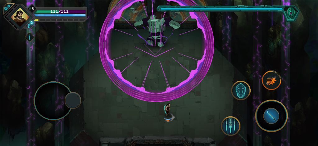 Children of Morta - Gameplay mobile de Children of Morta montrant un personnage affrontant un boss avec une grande zone d'attaque violette.
