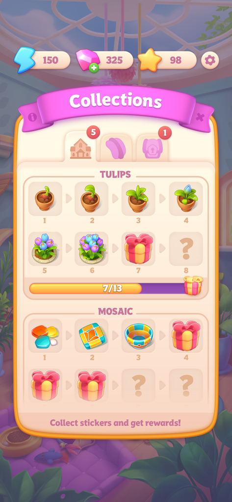 Pantalla de colecciones del juego en Merge Hotel Empire mostrando niveles de progreso para los conjuntos de objetos de tulipán y mosaico