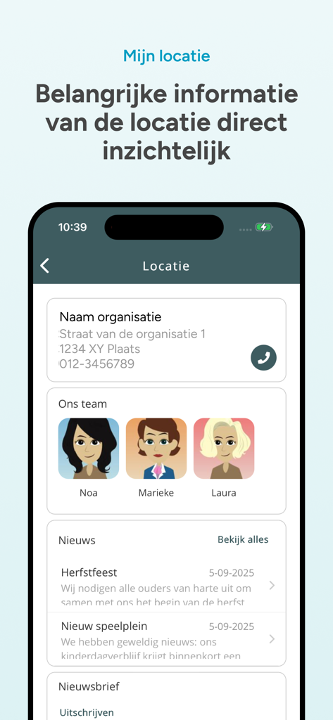 A smartphone screen displaying childcare center information including staff members, contact details, and news updates within the OuderApp van Konnect.
