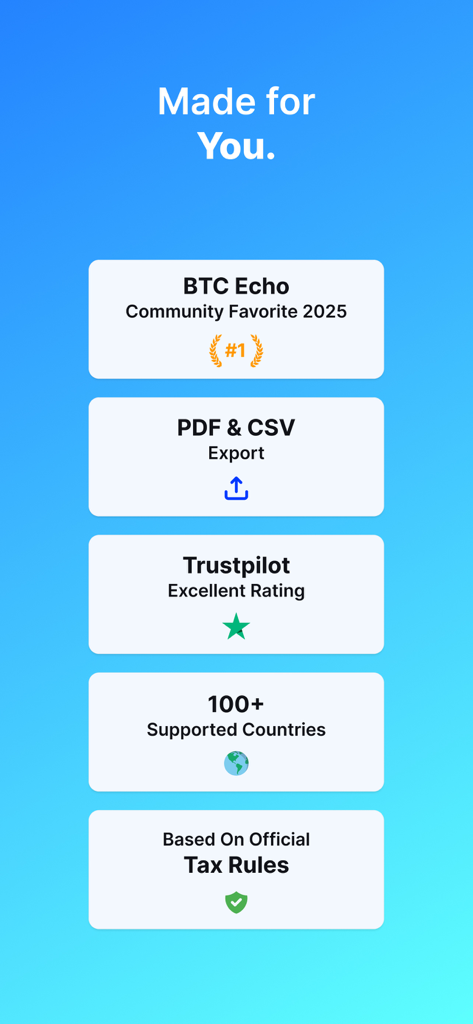 Aplicación de impuestos cripto Blockpit mostrando premios, calificación de Trustpilot y reglas fiscales oficiales