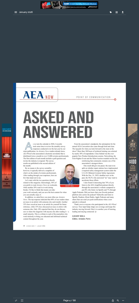 Una página digital de la aplicación Avionics News Magazine que presenta un artículo editorial titulado Asked and Answered por Geoff Hill.