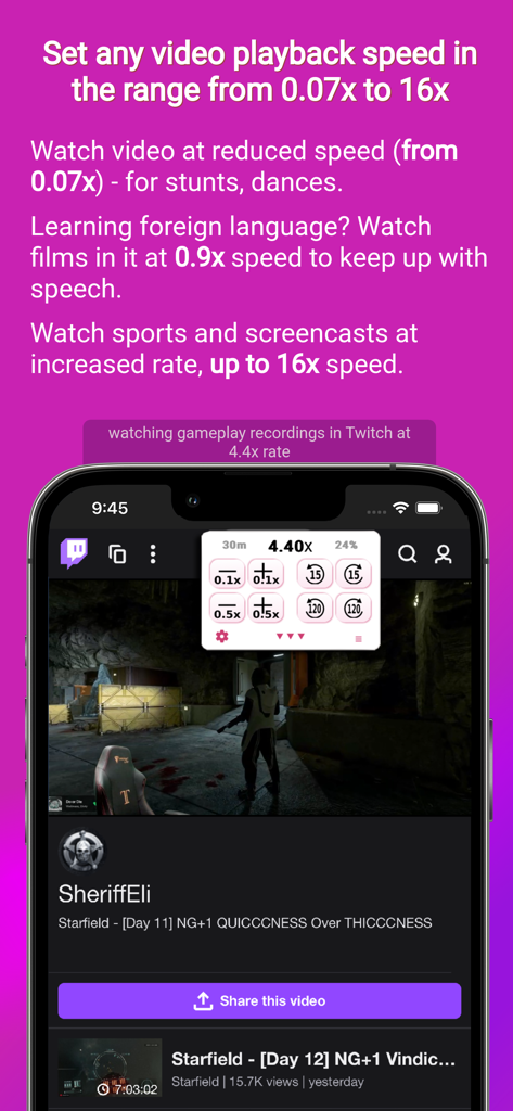 ClipGlider app showing adjustable video playback speeds on a Twitch gameplay video