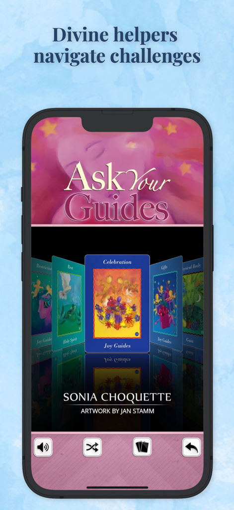 Ask Your Guides Oracle Cards - Mobile app interface for Ask Your Guides Oracle Cards by Sonia Choquette showing a carousel of spiritual guidance cards.