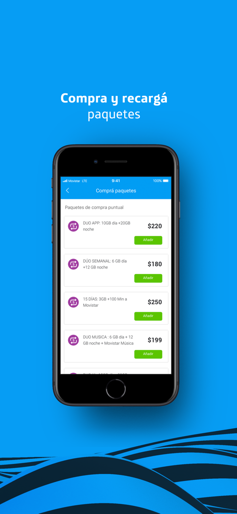 Mi Movistar Uruguay - Pantalla de la app Mi Movistar Uruguay para comprar paquetes de datos y llamadas