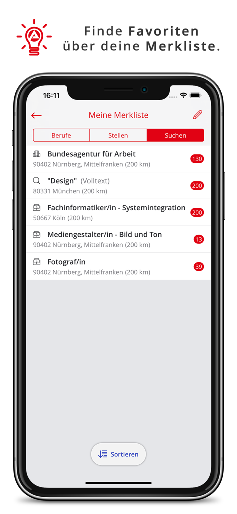 AzubiWelt - AzubiWelt app wishlist screen showing saved job categories and search notifications