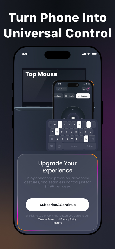 Remote Mouse & Keyboard - Smartphone app screen showing a universal remote control interface with keyboard and media player options