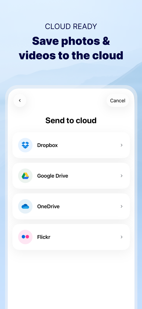 Photo Transfer: Send via WiFi - Interfaccia dell'app Photo Transfer che mostra opzioni di servizi di cloud storage, tra cui Dropbox, Google Drive, OneDrive e Flickr