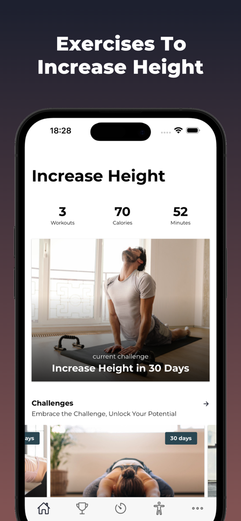 Increase Height Workout - ヨガのエクササイズと30日間の身長チャレンジが表示された身長を伸ばすワークアウトアプリを示すスマートフォンの画面