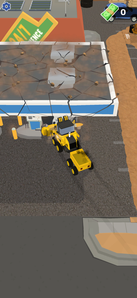 Dozer Demolish: City Tear Down - Un bulldozer amarillo derribando un edificio en el juego móvil Dozer Demolish