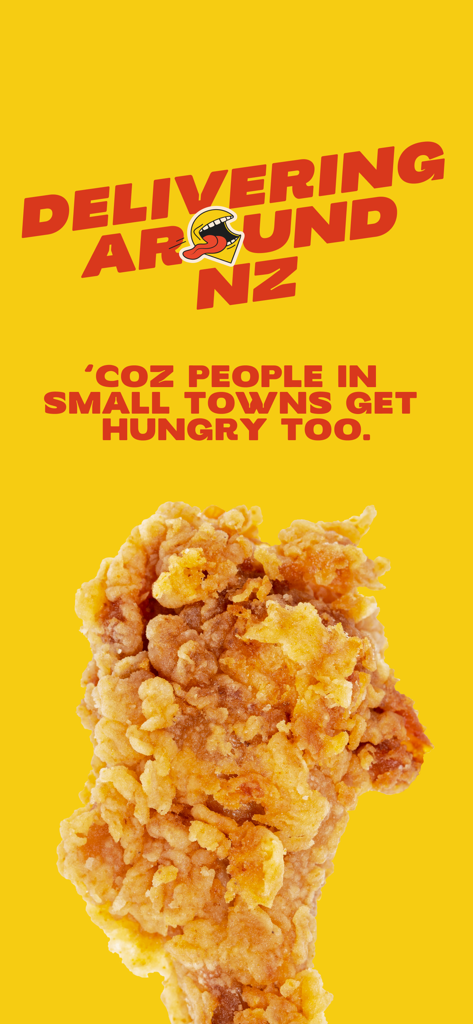 Delivereasy promotional graphic with fried chicken and text about delivering food to small towns in New Zealand