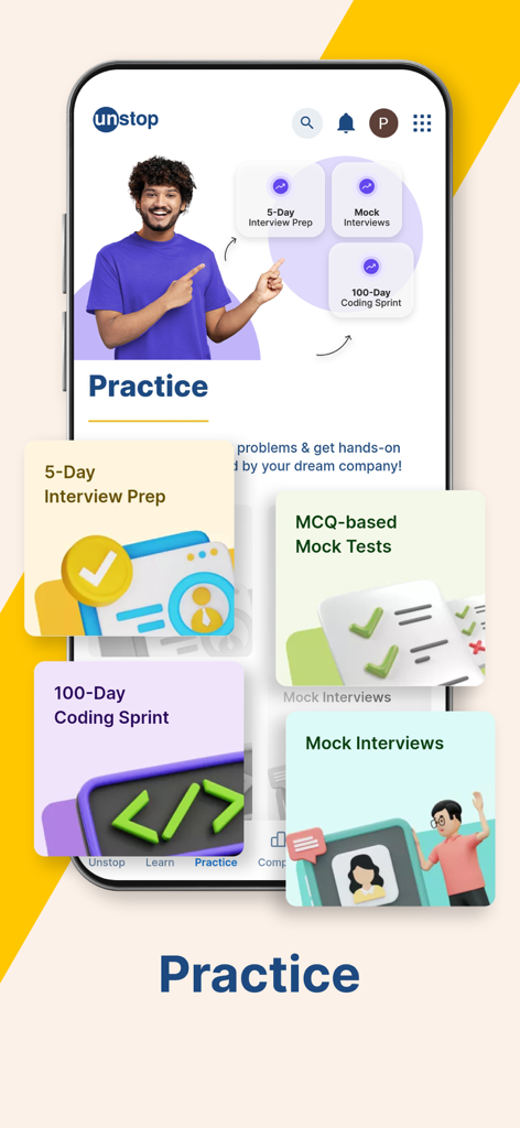Unstop app practice section displaying interview preparation, mock interviews, and coding challenges for career development.