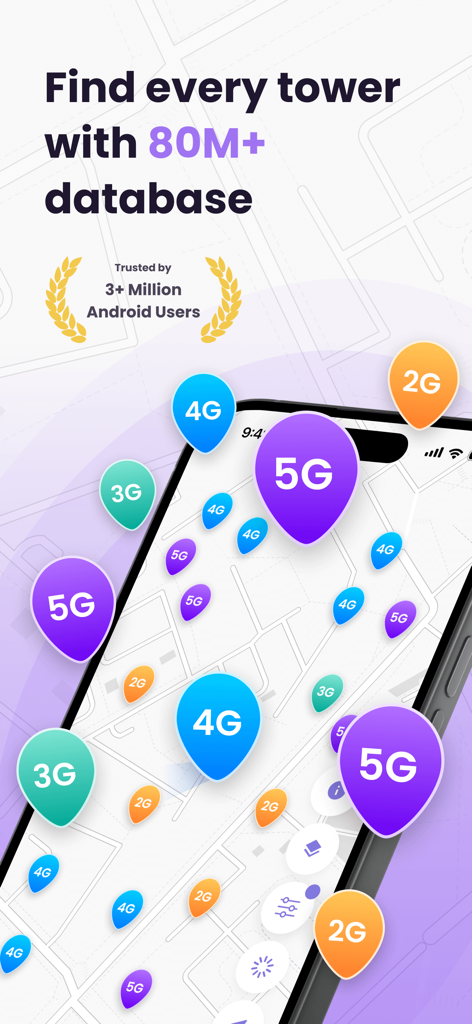 다양한 네트워크 세대의 여러 셀 타워 핀이 표시된 지도 모바일 앱 인터페이스