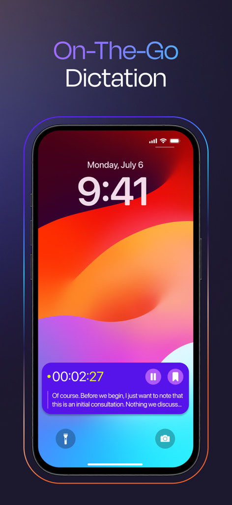 Rev: Record & Transcribe - Tela de bloqueio do iPhone mostrando o widget de gravação e transcrição ao vivo do aplicativo Rev