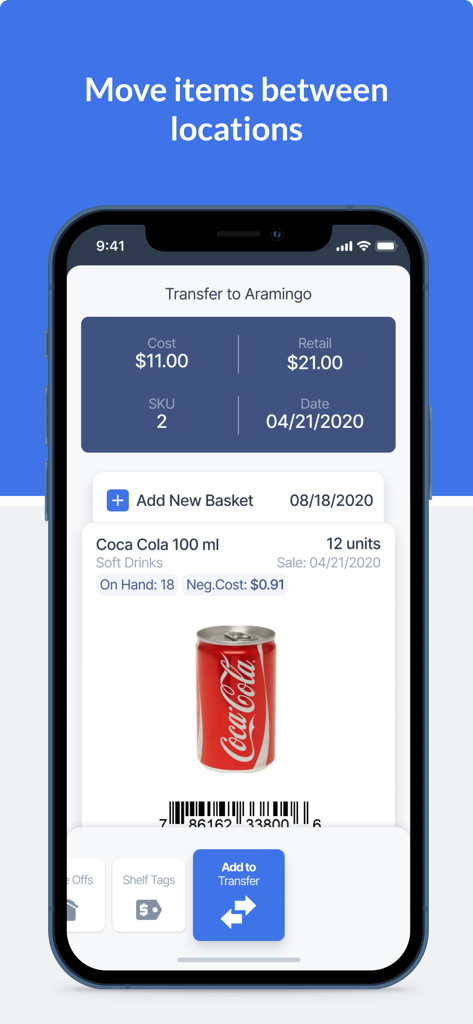 Retail360® - Retail360 app interface showing a transfer of Coca Cola units between retail locations