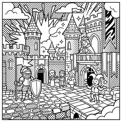 Step into a fantastical kingdom with this Pop Art castle courtyard coloring page, bursting with medieval characters and modern artistic flair. Discover a knight, a king, and a jester, all waiting for your vibrant touch.