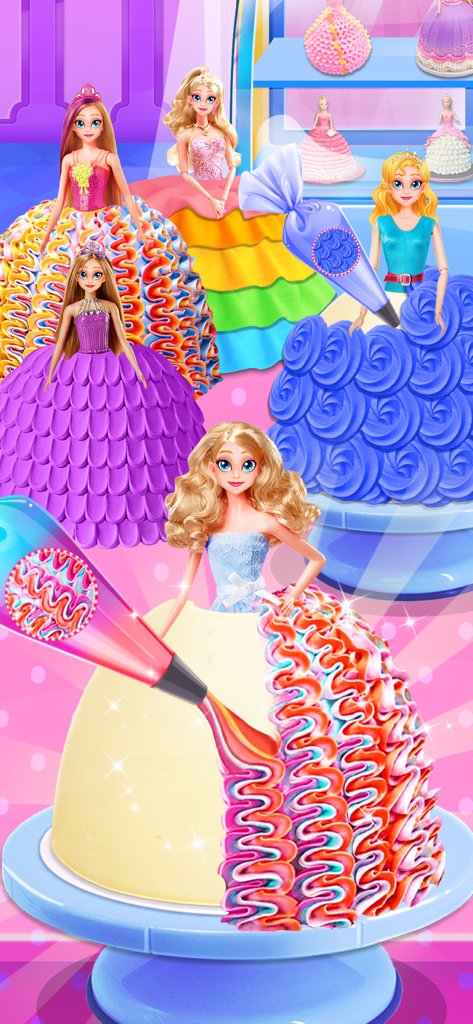 Decorando un pastel de muñeca de princesa con glaseado colorido en un juego de simulación.