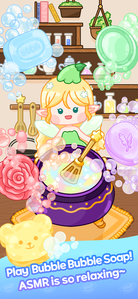 Cute fairy character stirring a bubbly purple cauldron with a bear-shaped sponge and soda soap in a cozy room