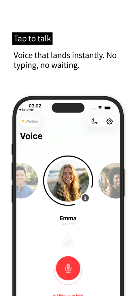 Tela de mensagens de voz do aplicativo Ciao com um grande botão vermelho de microfone e fotos de perfil de amigos