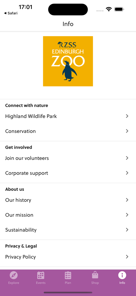 Edinburgh Zoo - Info-Bereich der mobilen App des Edinburgh Zoo mit Links zu Naturschutz, Freiwilligenarbeit und Parkgeschichte