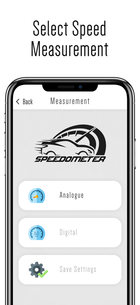 Pantalla de la aplicación mostrando opciones para seleccionar entre pantallas de medición de velocidad analógicas y digitales
