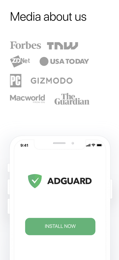 AdGuard adblocker media reviews from Forbes and USA Today with a mobile install button