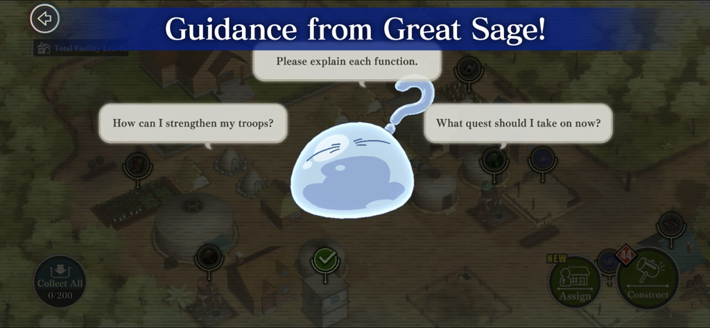 SLIME - ISEKAI Memories - Una pantalla de tutorial en Slime Isekai Memories que muestra la guía del Gran Sabio sobre un fondo de construcción de ciudades