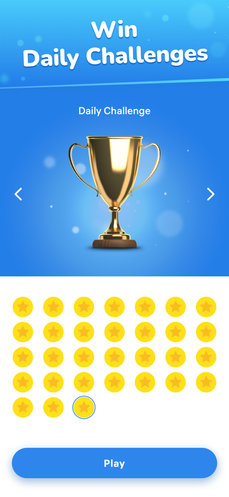 Differences - Find & Spot Them - Bildschirm für die tägliche Herausforderung im Differences-Spiel, der eine Goldtrophäe und ein Gitter mit abgeschlossenen Sternen zeigt