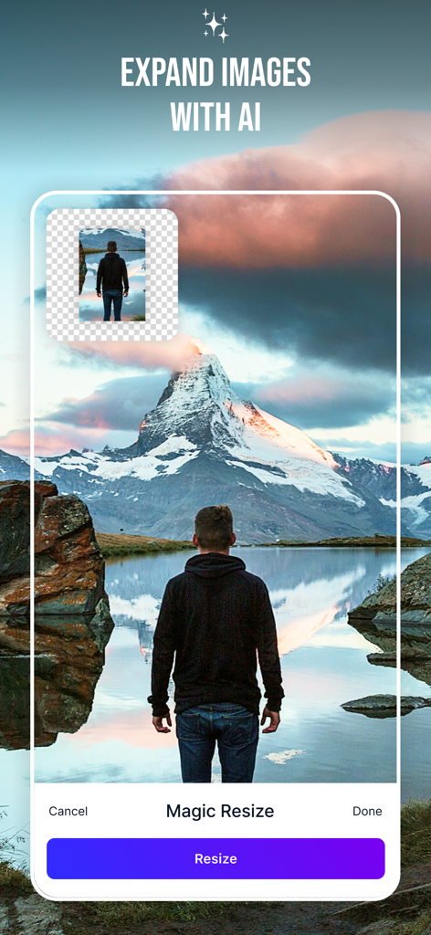 Magic Studio - AI Photo Editor - Interfaccia dell'app Magic Studio che mostra l'espansione di immagini AI e lo strumento Magic Resize