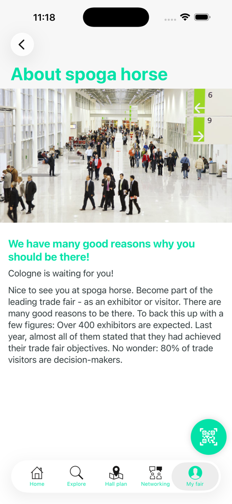 spoga horse - Information screen for spoga horse app with trade fair hall image and business details