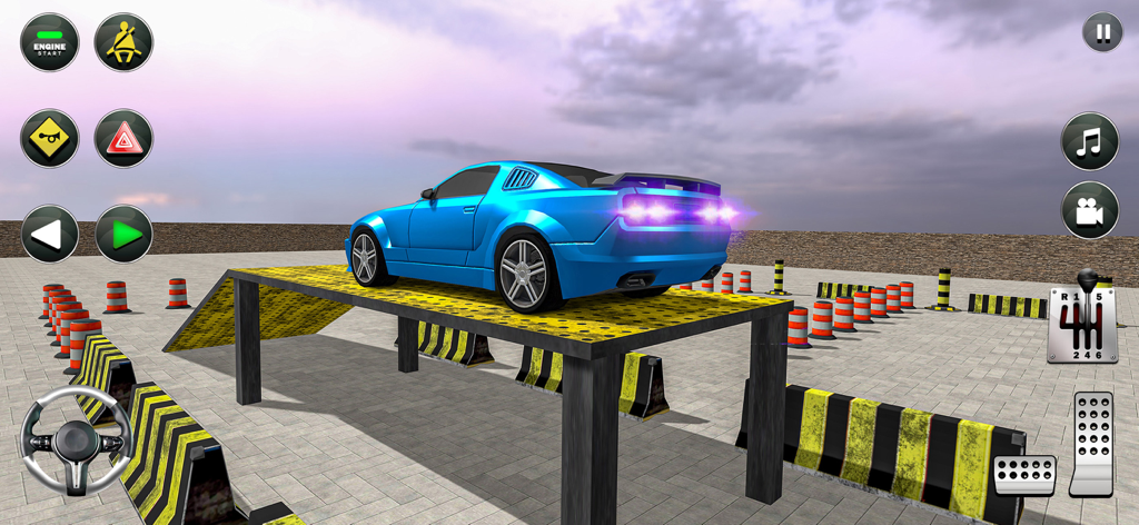 Car Parking Lot: Parking Games - A blue sports car parked on an elevated yellow platform in a 3D parking simulation game