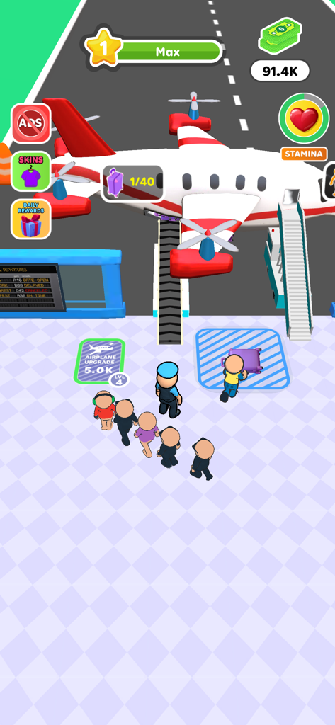 Cartoon passengers lining up to board a white and red airplane in Airport Rush 3D arcade idle game