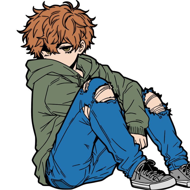 a male hoddie ripped jeans messy hair anime