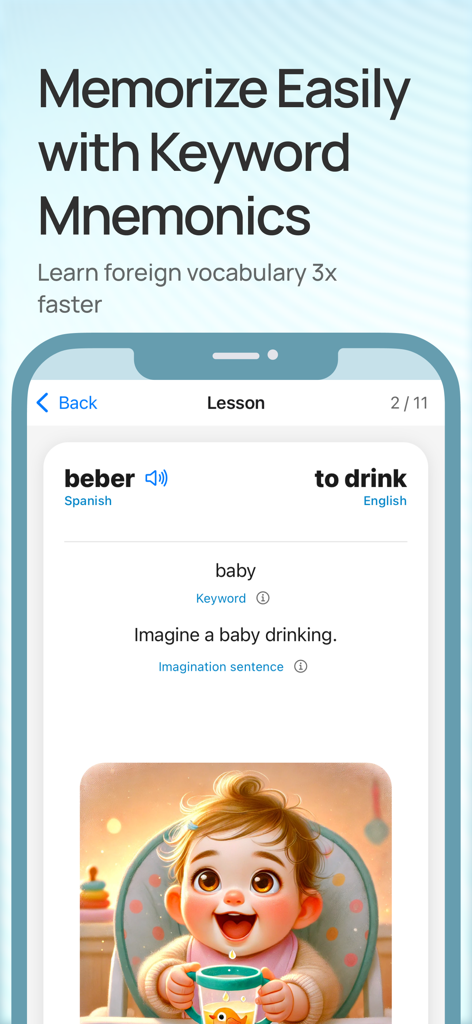 Keymagine - Keymagine app lesson screen using visual mnemonics to teach the Spanish word for drink