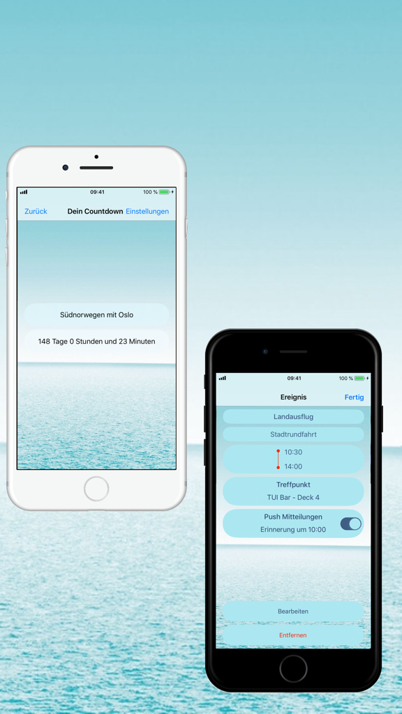 Schermi di smartphone che mostrano un conto alla rovescia per la crociera e il programma delle escursioni a terra nell'app Mein Schiff 6 Bordfinder.
