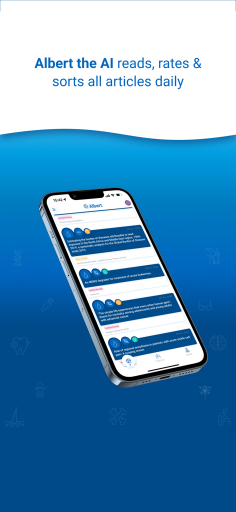 Docintel - Docintel smartphone screen showing the Albert AI feature that reads and rates medical articles for clinical value.