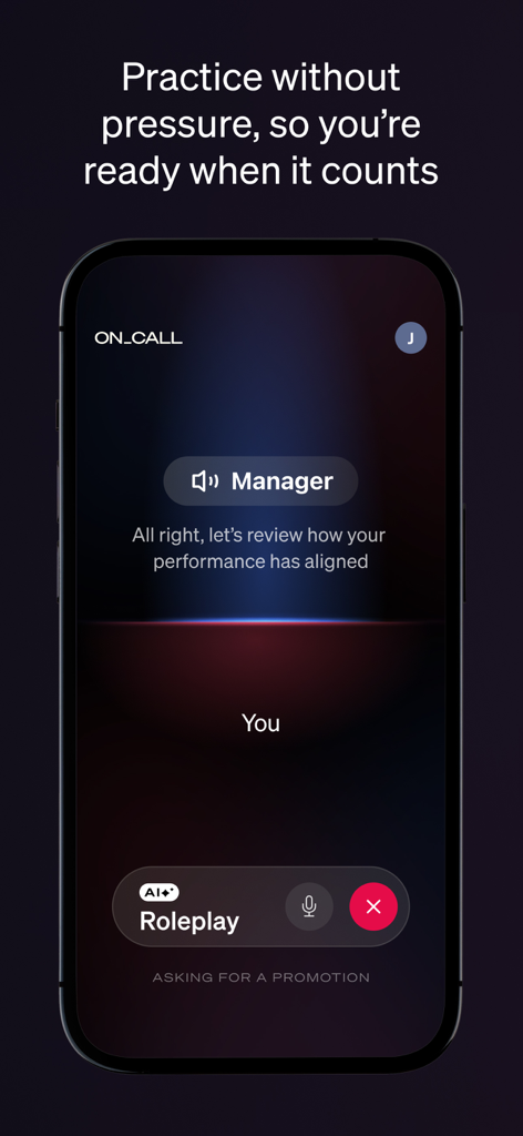 MasterClass On Call app interface showing an AI roleplay session for practicing a promotion request with a virtual manager