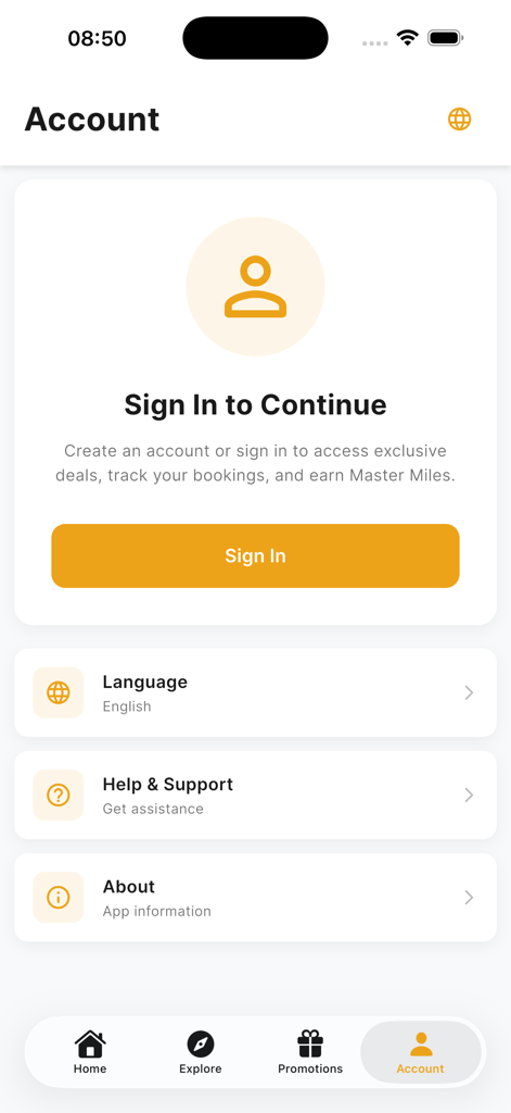 Master Voyages - Account profile screen in the Master Voyages app with sign in button and support options