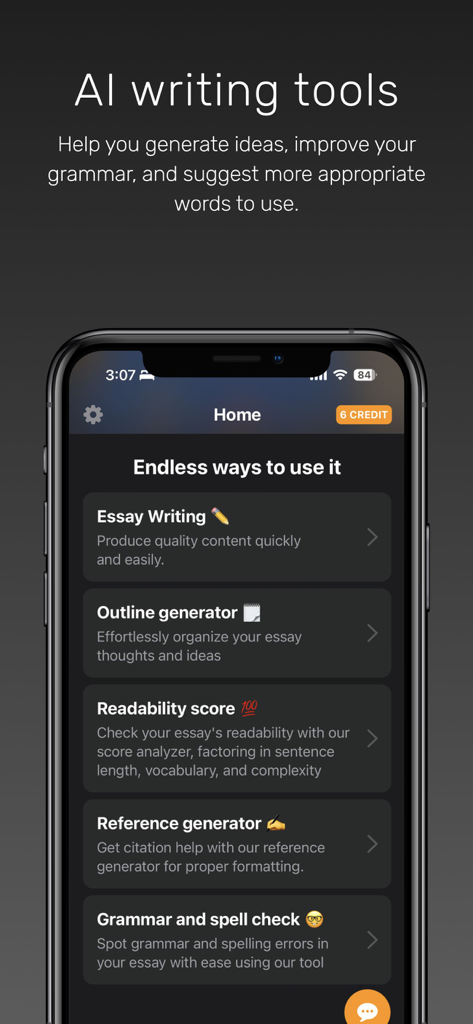 AI Essay Writer: Writing Tools - Startbildschirm der KI-Essay-Schreiber-App mit Werkzeugen zur Erstellung von Essay-Gliederungen und Grammatikprüfung