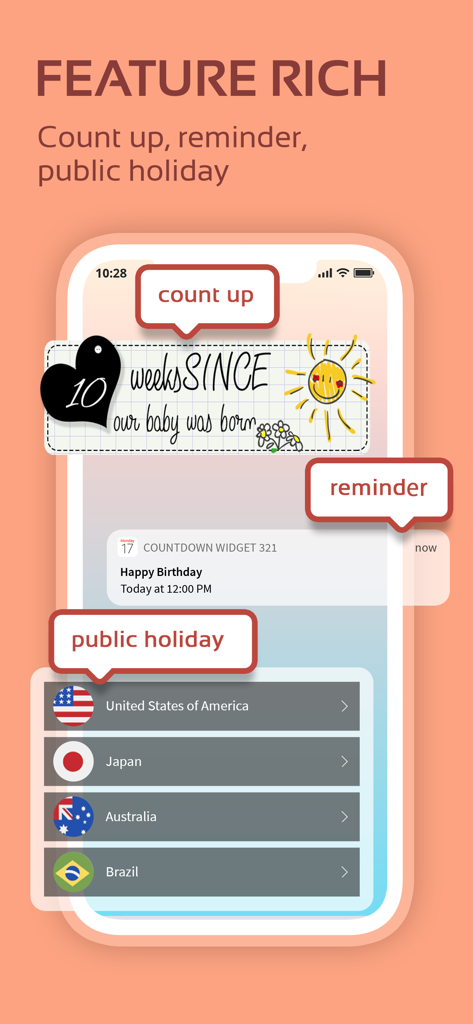 Countdown Widget Maker - Una pantalla de aplicación móvil que muestra funciones como el conteo progresivo para el hito del nacimiento de un bebé y el seguimiento de días festivos.