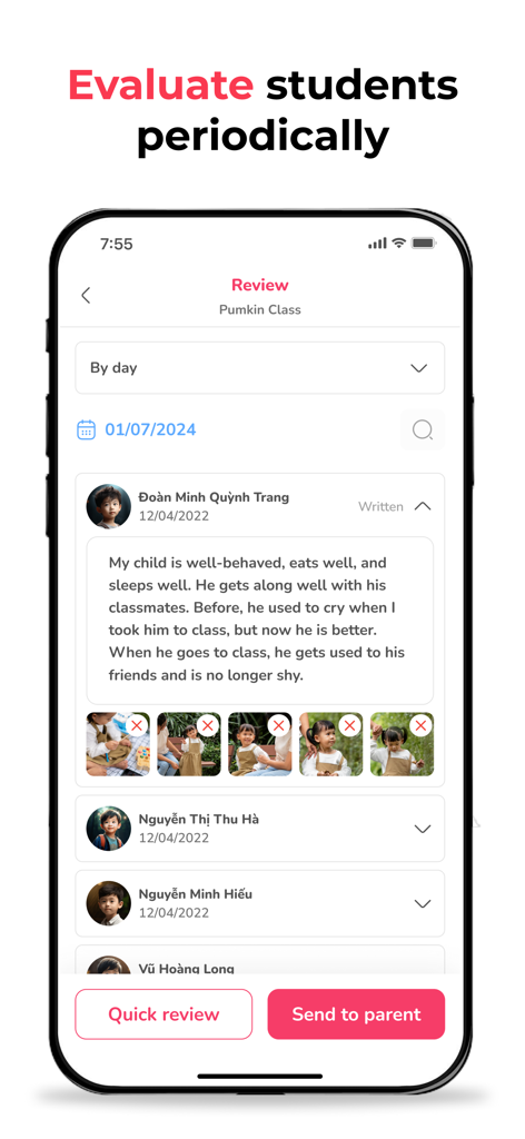 Monkey Class - Una captura de pantalla de la aplicación Monkey Class que muestra una interfaz de revisión de profesores donde los estudiantes son evaluados periódicamente con comentarios de texto y fotos para enviar a los padres