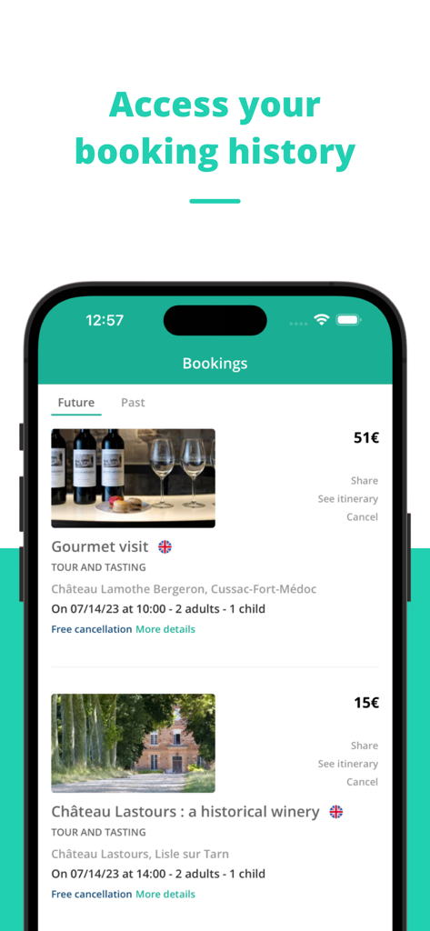 Rue des Vignerons - Rue des Vignerons app booking history showing future wine tour reservations